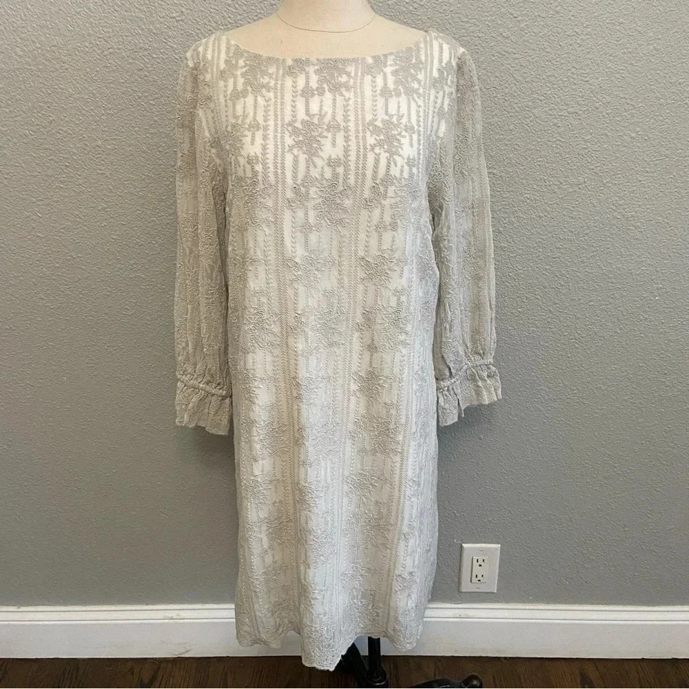 Sundance Women's Silver Sheer Lined Floral embroidered Dress Size PLarge NWT
